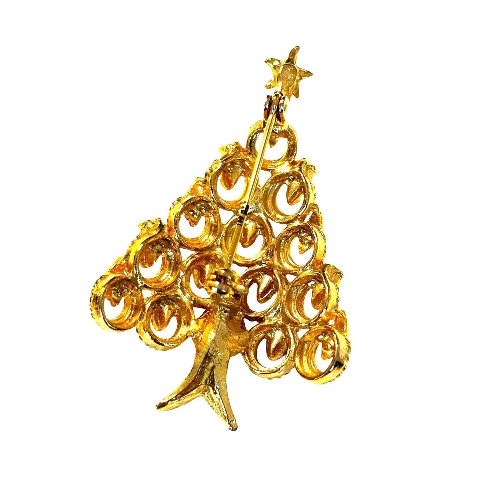 Vintage Christmas tree brooch goldtone & white rhinestones textured dimensional